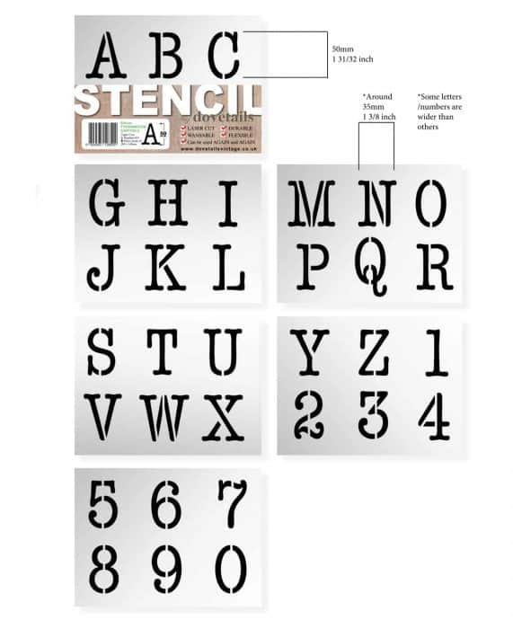 50mm Caps TYPE Measurements copy Letter Stencil 50mm TYPEWRITER Alphabet, Upper Case and Numbers
